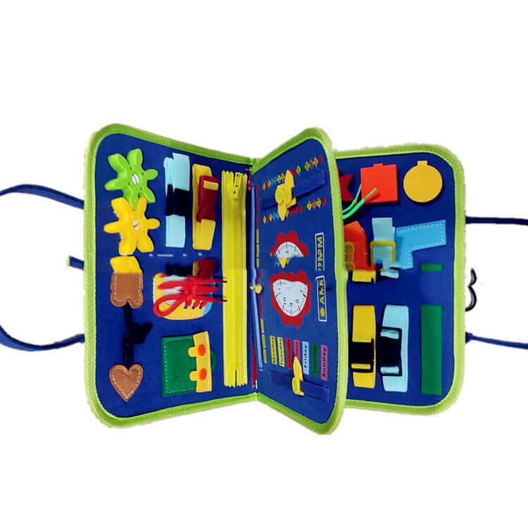 Colorful busy book featuring buttons, zippers and various sensory activities for toddlers' motor skills development.