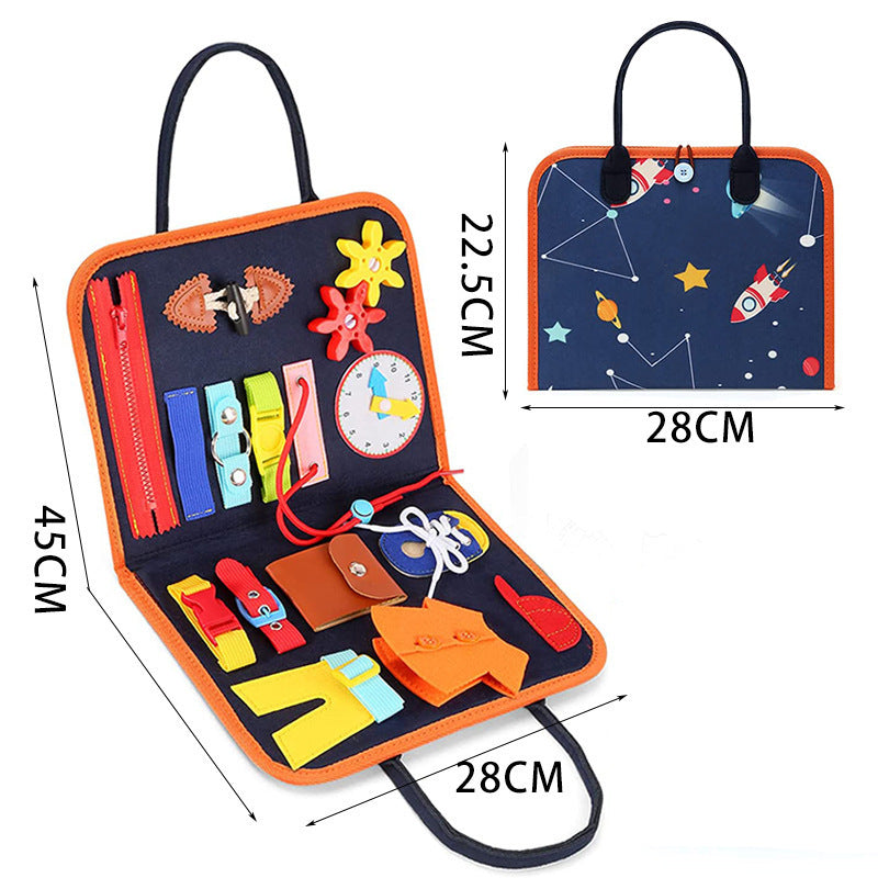 Busy Book Baby Dressing & Buttoning Learning Toy with sensory activities, zippers, buttons, and colorful elements.
