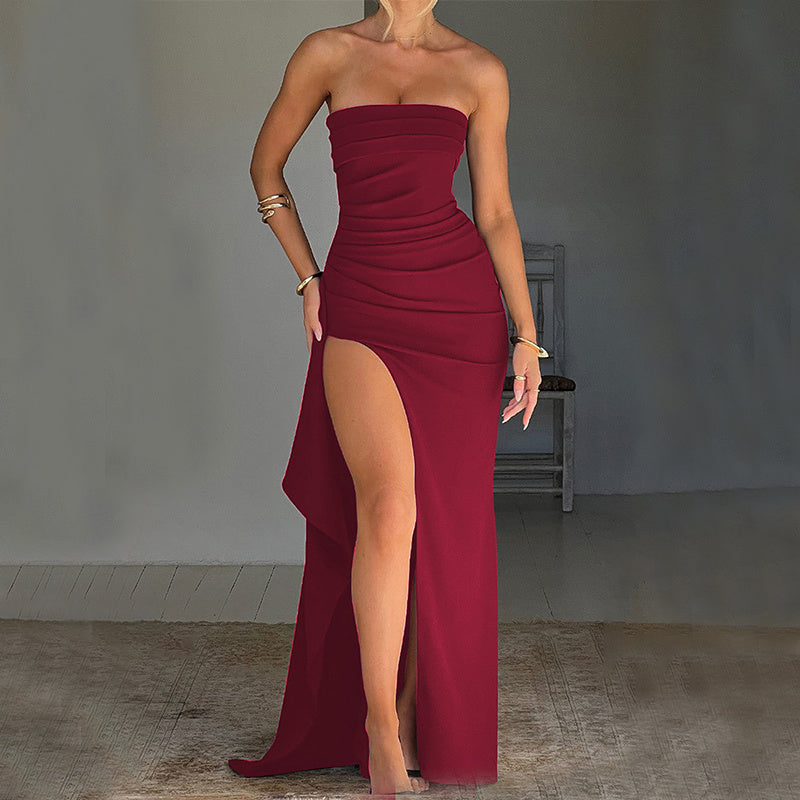 Strapless Split Long Dress Summer Fashion Pleated Bridesmaid Dress For Womens Party Wedding Clothing - Newshine.com