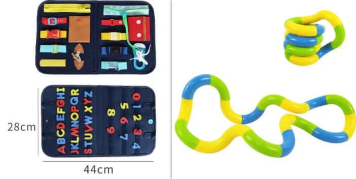 Busy Book baby dressing and buttoning toy with alphabet and colorful sensory links, perfect for preschool learning.