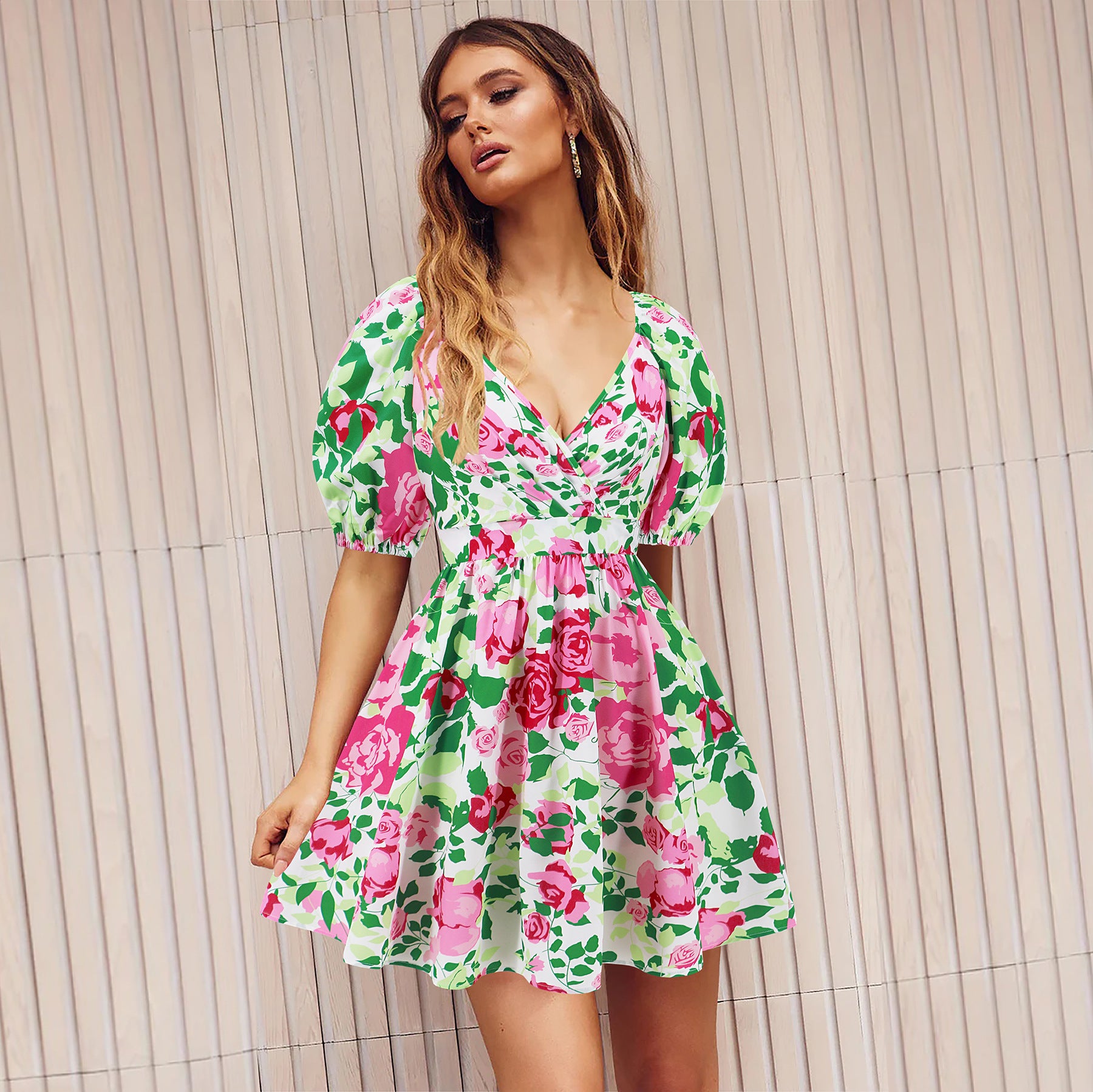 Flowers Print V-Neck Lantern-sleeve Dress Y2K Summer Vacation Beach Short Dresses Fashion Womens Clothing - Newshine.com