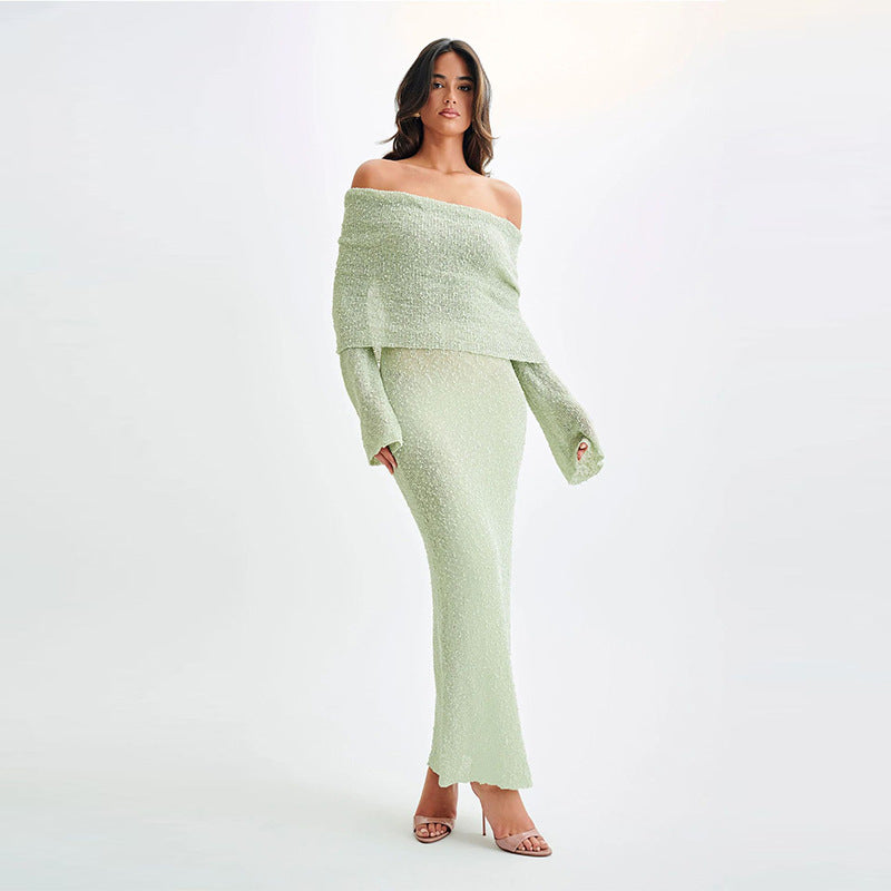 New One-shoulder Knitted Long-sleeved Dress Sexy Beach Holiday Long Dresses Womens Clothing - Newshine.com