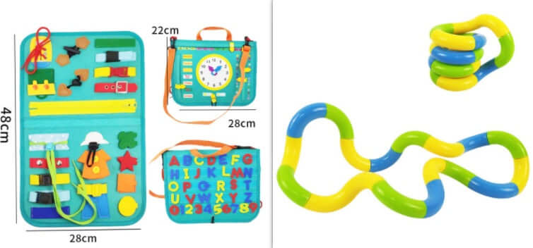 Colorful Busy Book learning toy for toddlers featuring activities, buttons, and educational elements for skill development.