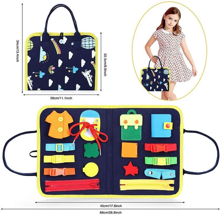 Busy Book baby dress-up activity toy with zippers, buttons, and colorful felt shapes for preschool learning.