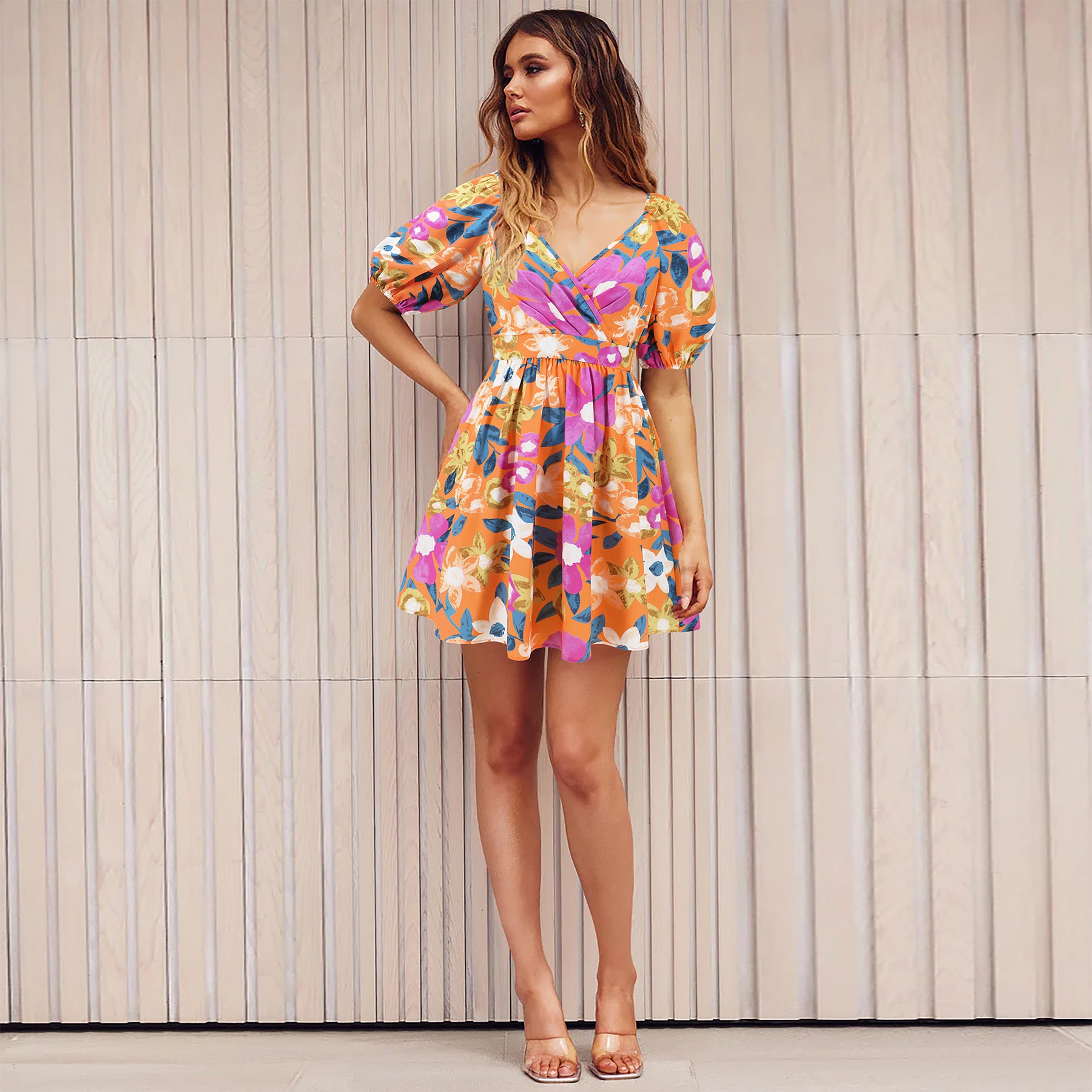 Flowers Print V-Neck Lantern-sleeve Dress Y2K Summer Vacation Beach Short Dresses Fashion Womens Clothing - Newshine.com