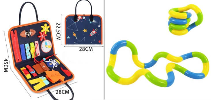 Busy Book sensory activity board for toddlers with colorful learning tools and flexible linking toy.