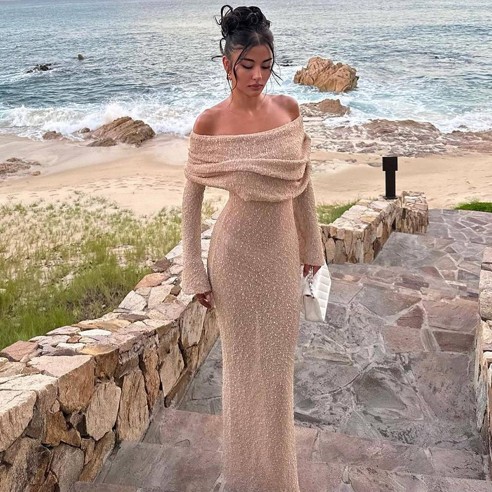New One-shoulder Knitted Long-sleeved Dress Sexy Beach Holiday Long Dresses Womens Clothing - Newshine.com