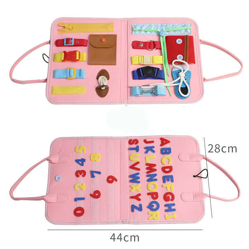 Busy Book Baby Dressing and Buttoning Toy with colorful letters and engaging activities for toddlers' skill development.