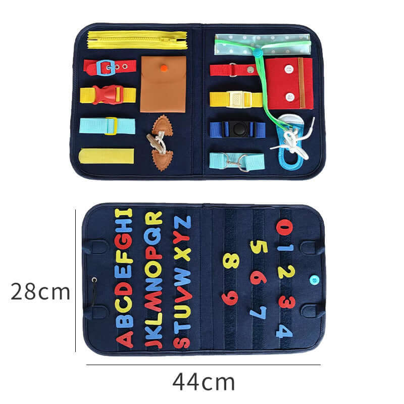 Busy Book Baby Dressing & Buttoning Learning Toy, preschool sensory board with zippers, buttons, and numbers.