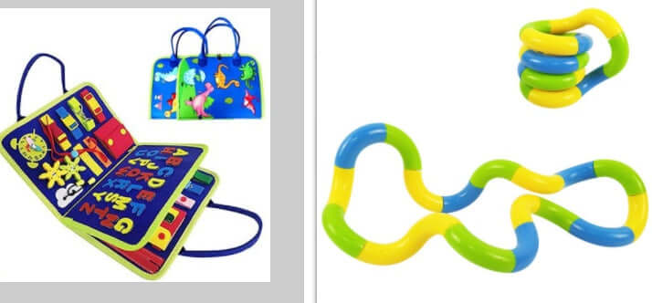 Busy book for toddlers featuring colorful felt activities and a stretchy linking toy for sensory play.