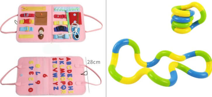 Busy Book Baby dressing and buttoning sensory board with colorful rings for toddlers' learning.